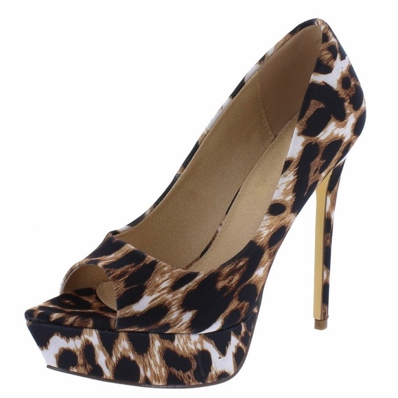 Leopard pointy peep toe platform heels by Liliana - Picture 2 of 4